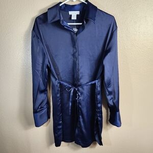 House of Harlow 1960 Womens |XS| Satin Navy Long Sleeve Shirt Dress w/Tie Waist